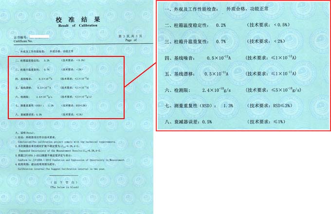 氣相色譜儀校準證書結果頁圖片